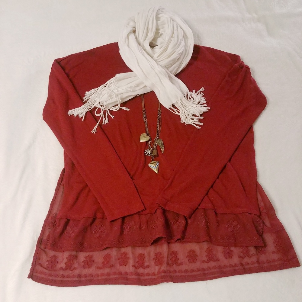 Cloud Chaser red long sleeved lace shirt - Women's Large